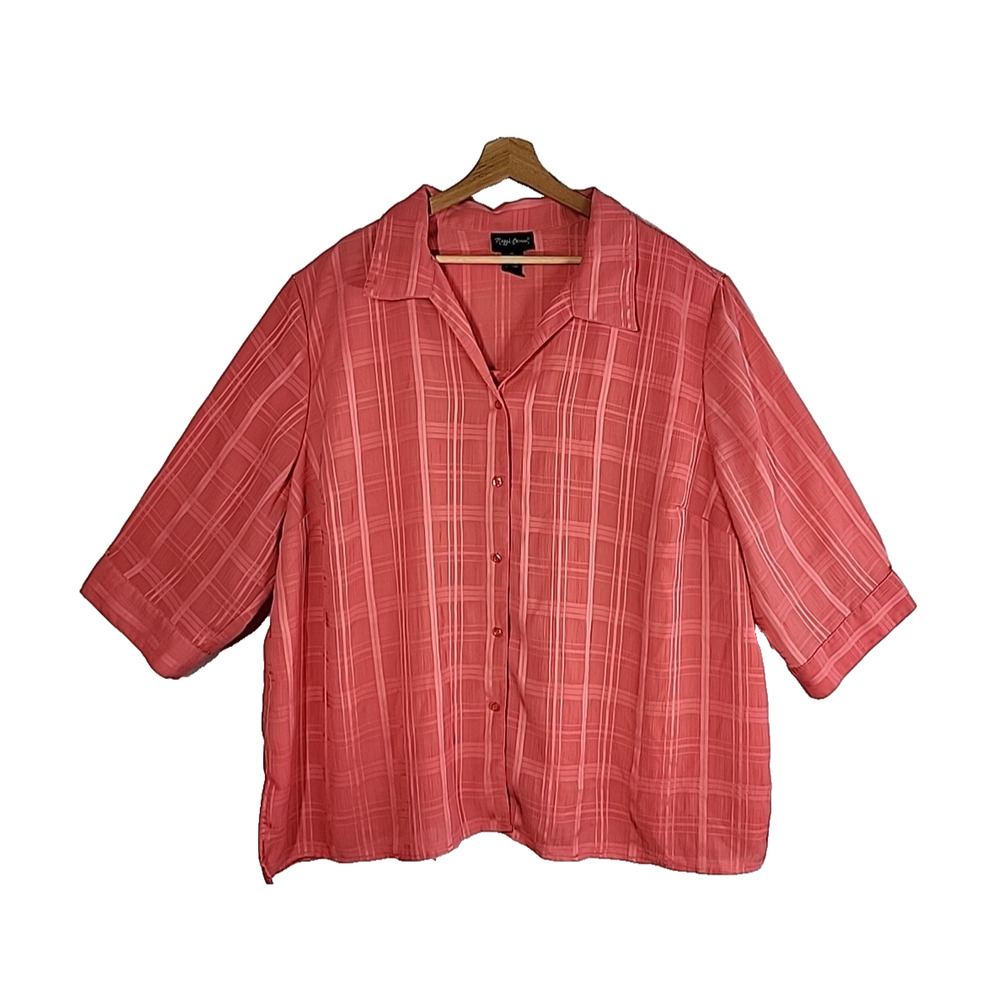 Maggie Barnes Button Front Blouse 3X 26/28 Coral Pink Plaid Tank Inset‎ Preppy